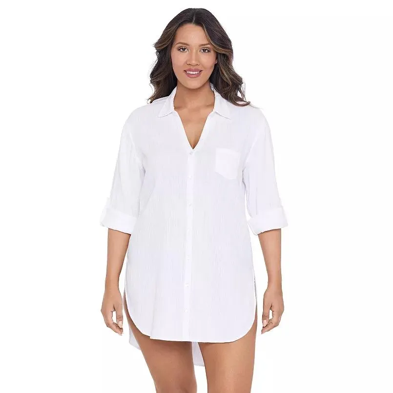 Women's Trimshaper Solid Button Down Swim Cover Up Shirt