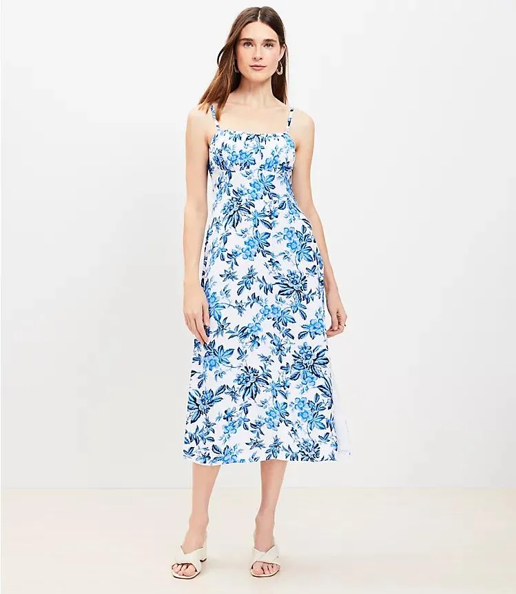 Vine Shirred Sweetheart Neck Midi Dress