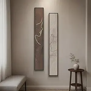 Large Framed Long Narrow Vertical Neutral Abstract Wall Art Set, 2 Piece Beige Brown Modern Canvas Prints Paintings Artwork for Walls-Minimalist Pictures for Entryway Hallway Living Bedroom Wall Decor