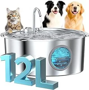 Dog Water Fountain for Large Dogs: Stainless Steel Dog Fountain Water Bowl - 3.2Gal/406oz/12L Super Quiet Big Cat Water Fountain with Visual Water Level -Great for Large Dogs Cats and Multi-Pet Home