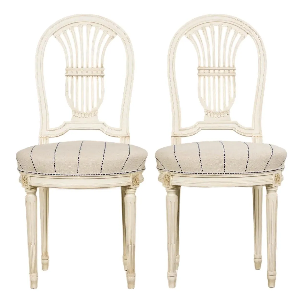 Pair of French Louis XVI Neoclassical Style Painted Lyre Back Accent Chairs in Blue Stripe