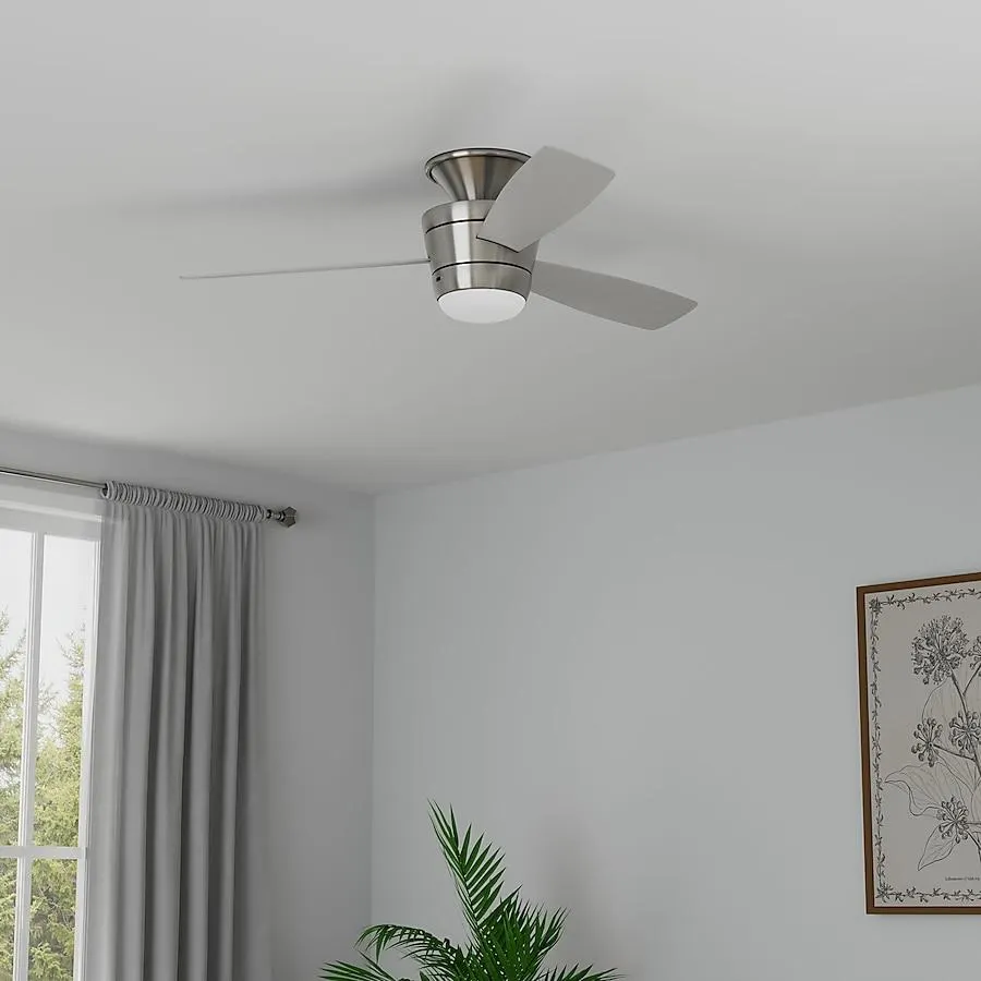 Harbor Breeze Mazon 44-in Integrated LED Flush Mount Brushed Nickel with Brushed Nickel/Black Blades Ceiling Fan With Light and Remote ( 3 -Blade )