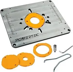 POWERTEC Aluminum Router Table Insert Plate with Reducer Rings, Leveling Screws, and Starting Pin – Compatible with Bosch, DeWalt, Makita, and Other Brands for Woodworking with Router Tables (71850)