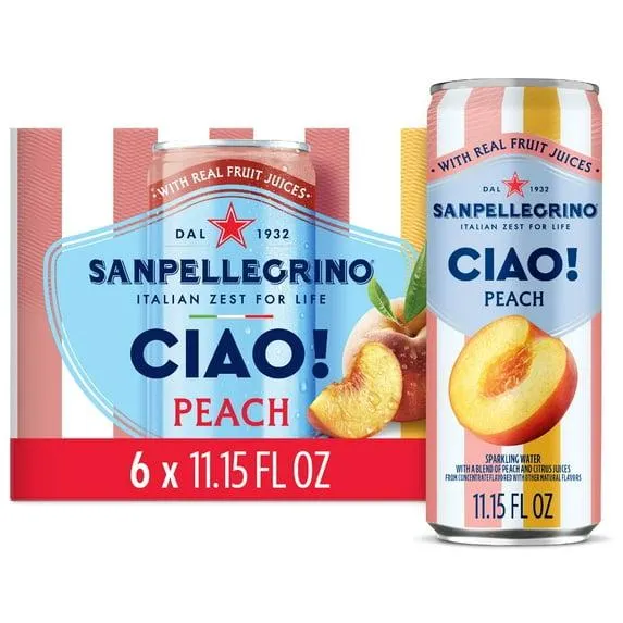 Sanpellegrino CIAO Peach Sparkling Flavored Water with Real Fruit Juices, 6 Pack