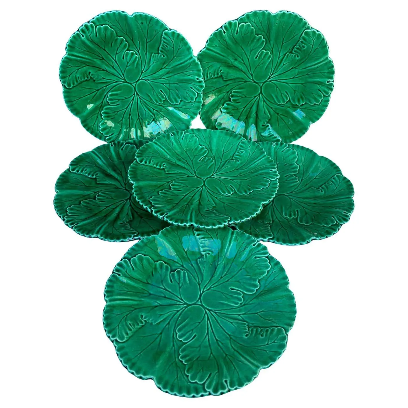 Set of 8 French Green Majolica Leaves Plates Clairefontaine, circa 1890