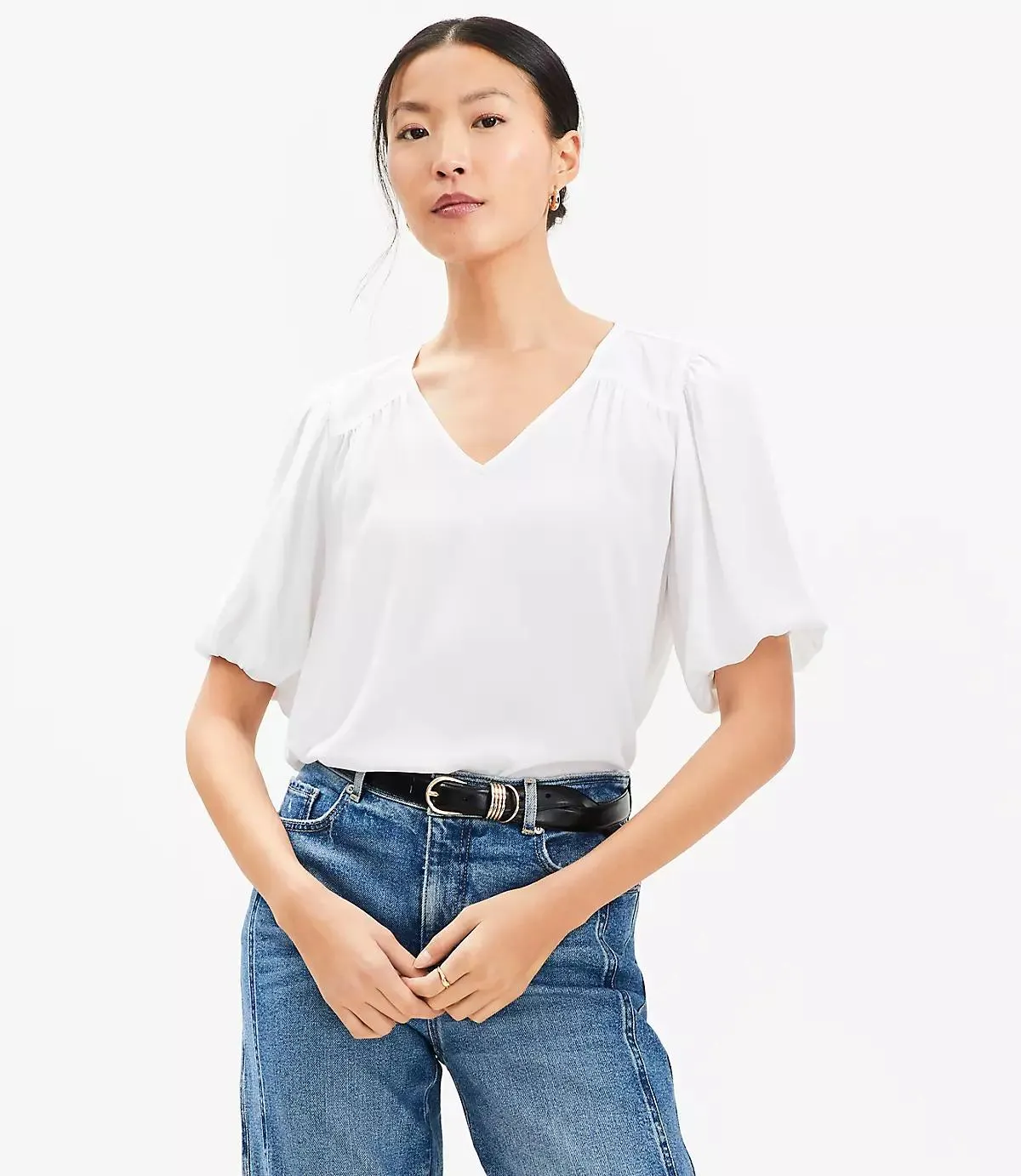 Bubble Sleeve Mixed Media Blouse