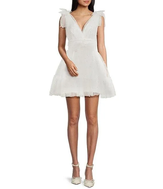 Wide Bow Straps V-Neckline Pearls Party Skirt Dress