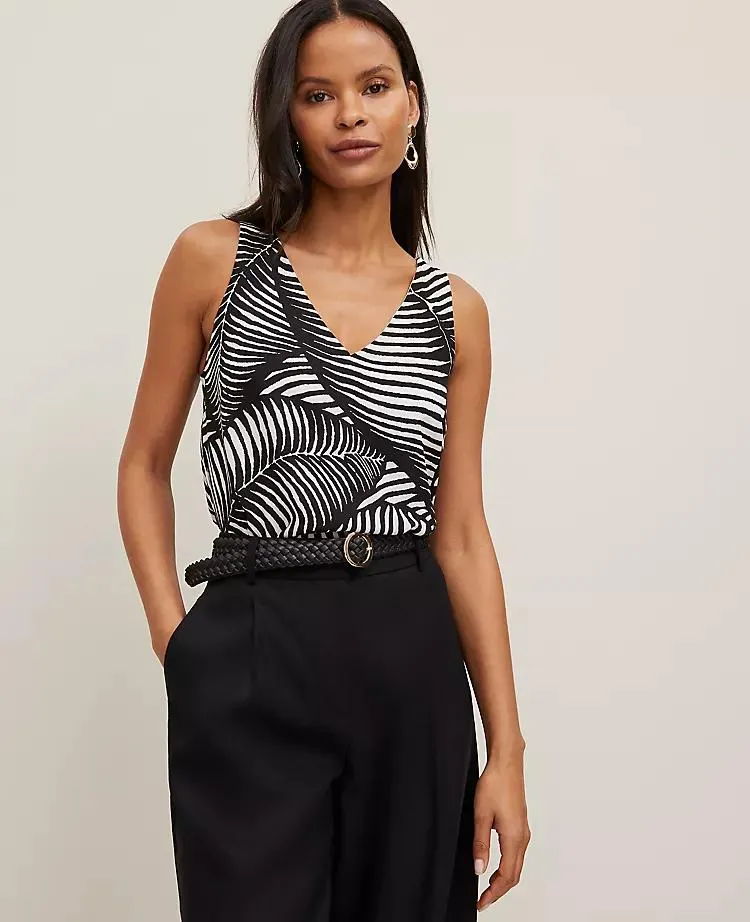 Mixed Media V-Neck Tank Top in Palm Print