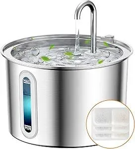 oneisall Stainless Steel Cat Water Fountain, 2L Water Fountains for Cats Indoor with Quiet Pump and 3 Replacement Filters, Pet Water Fountain Faucet Spout Design Cat Fountain Drinking Inside, PWF 001