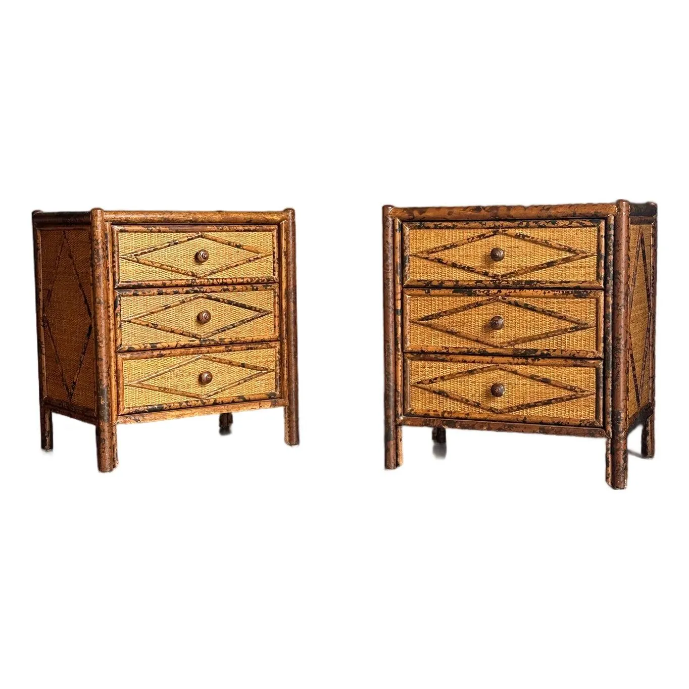 1980s Vintage British Colonial Style Burnt Bamboo and Cane Nightstands- A Pair