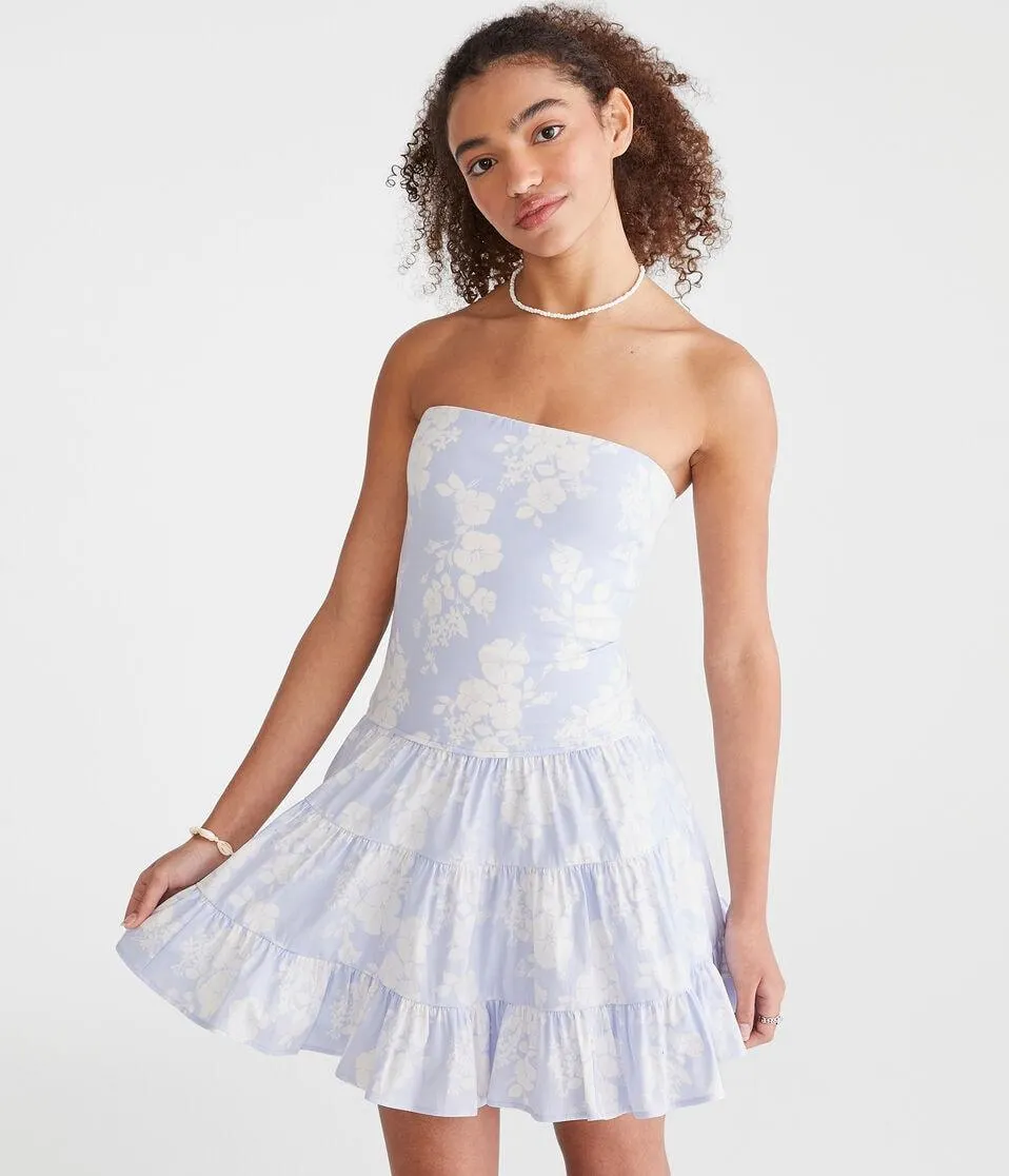 Floral Strapless Tiered Fit & Flare Dress