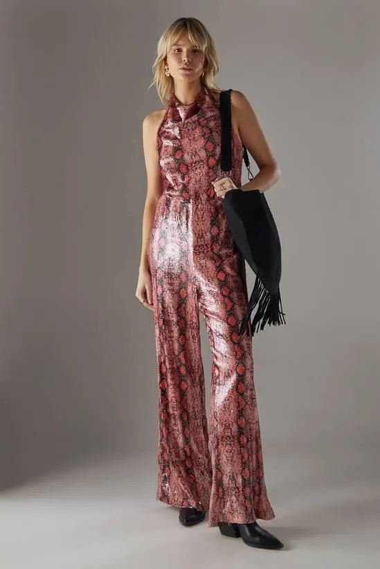 Snake Sequin Cowl Neck Drop Waist Jumpsuit