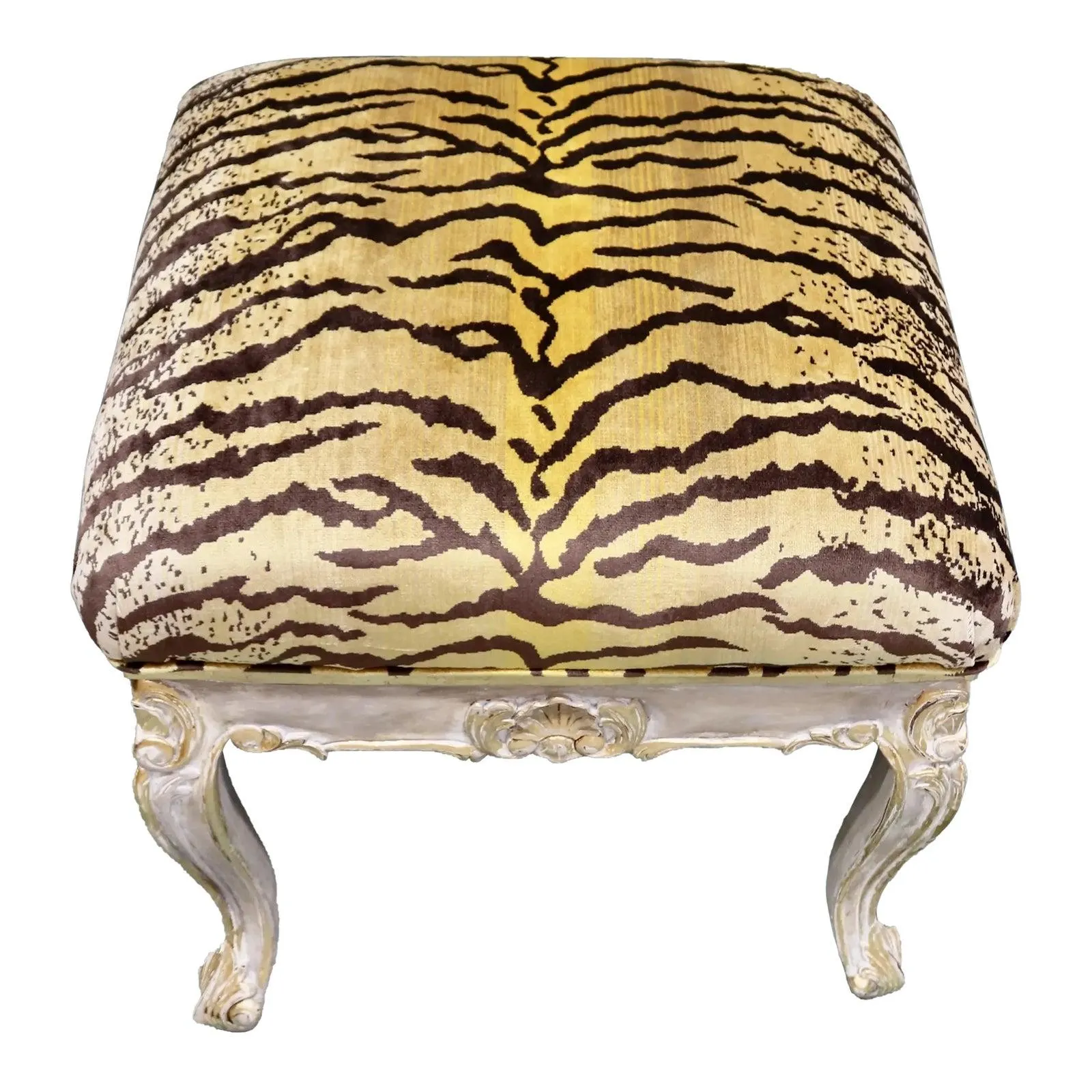 Vintage Stool Mid 20th Century French Louis XV Carved Gold Leaf Tiger Striped Velvet