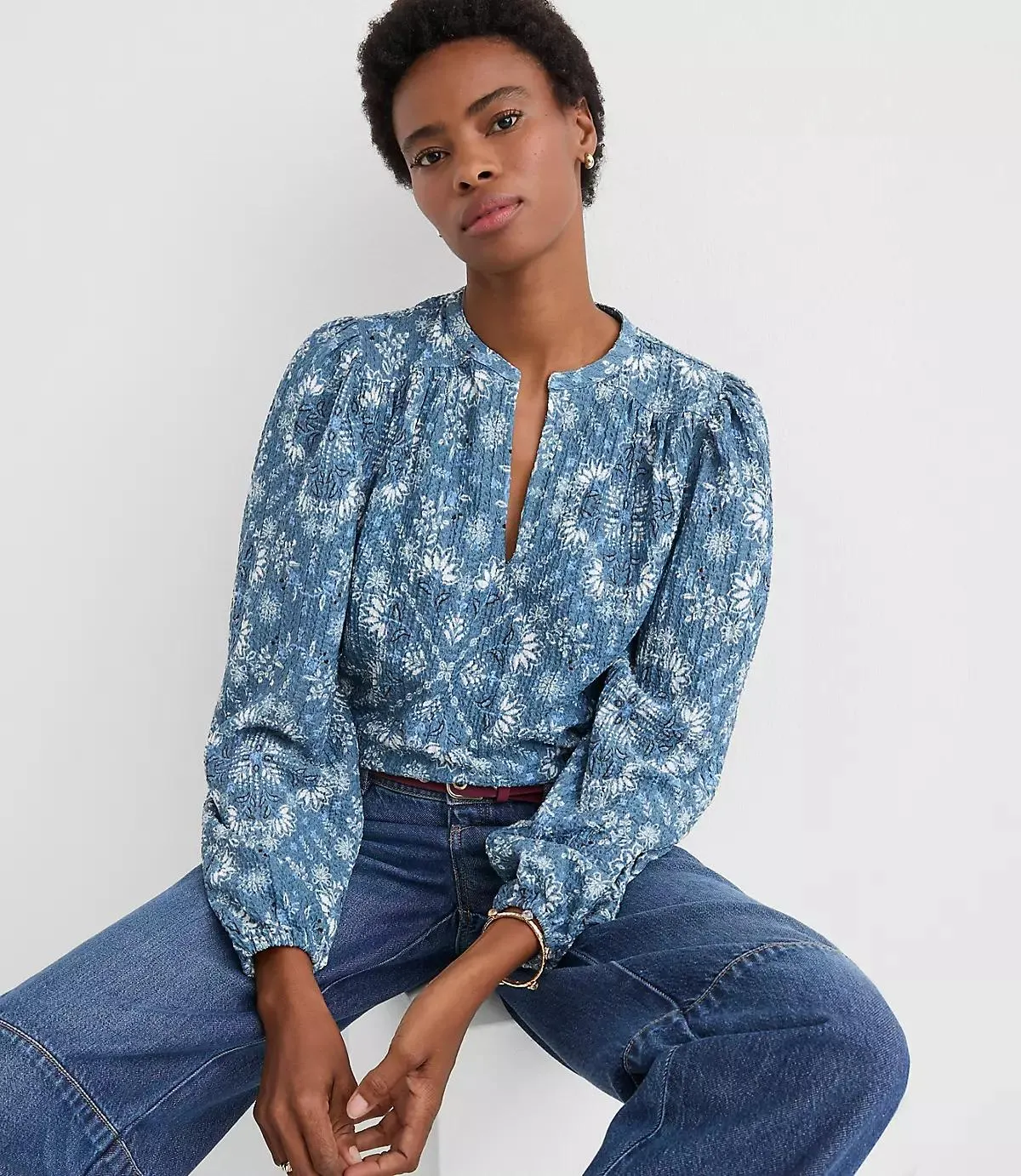 Floral Crinkle Knit Split Neck Blouse