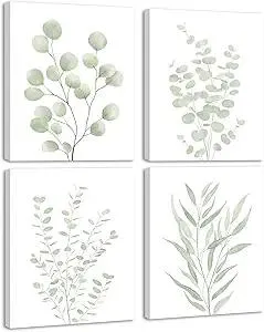 KUVIOKE Botanical Framed Boho Wall Art Bathroom Plants Wall Decor Green Sage Eucalyptus Leaf Prints Minimalist Aesthetic Ready to Hang Set of 4, 8x10 in (Framed)
