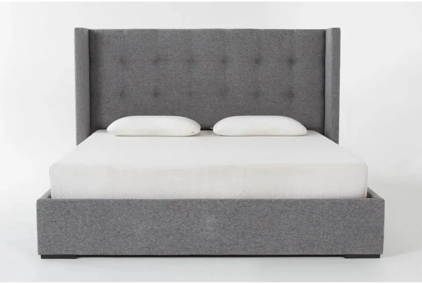 Vera Dream Graphite Box Tufted 52" High Queen Upholstered Wingback Shelter Platform Bed