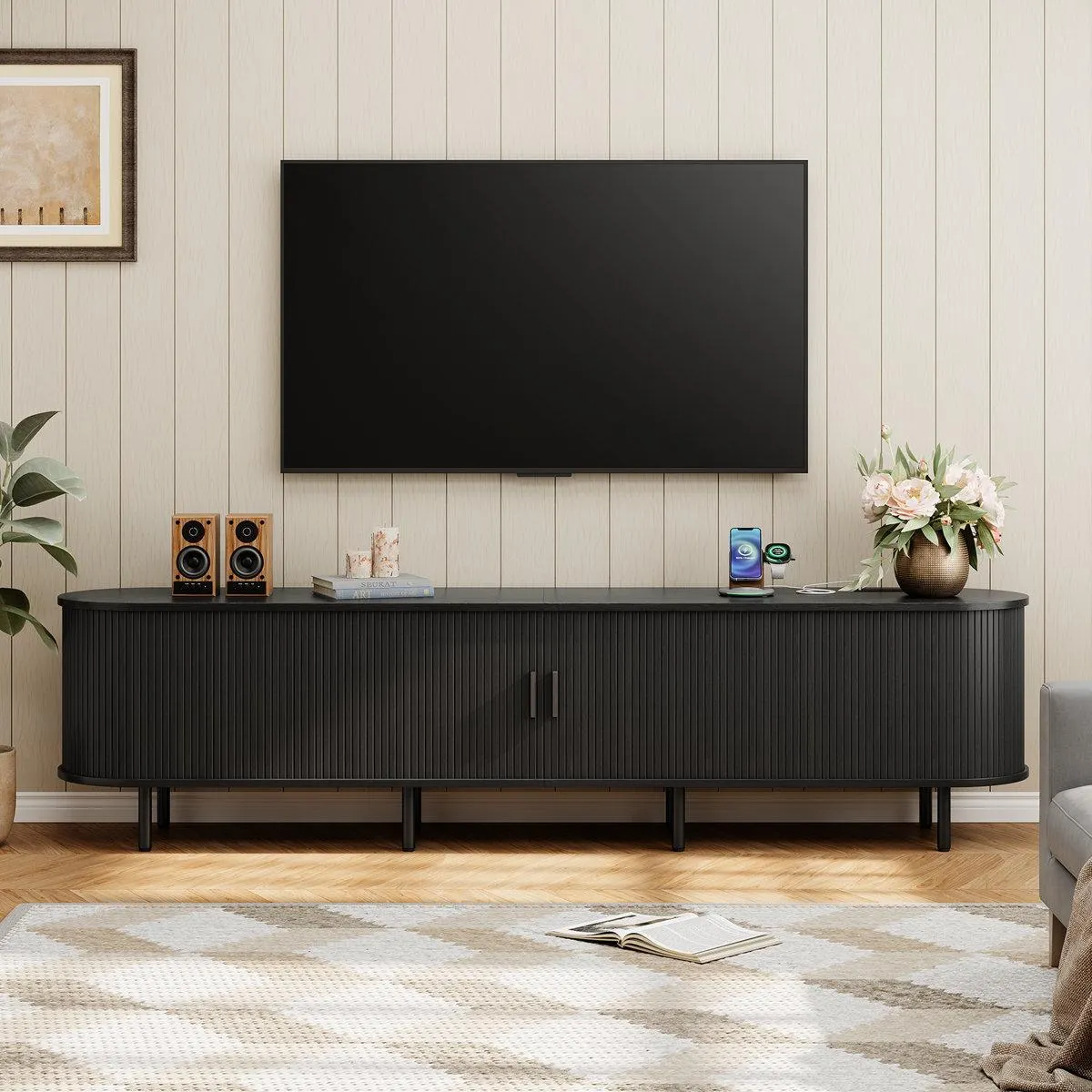 Tv Stand With Storage And Shelves Designed To Fit 55’’ - 80’’ Tvs. Wood Entertainment Center For Living Room And Bedroom, Media Console And Modern Tv Console Table