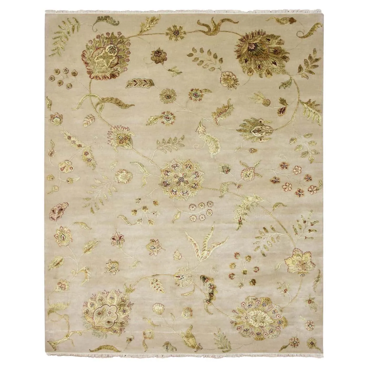 8'x9'9" Linen White Botanical Design Wool and Silk Hand Knotted Oriental Rug