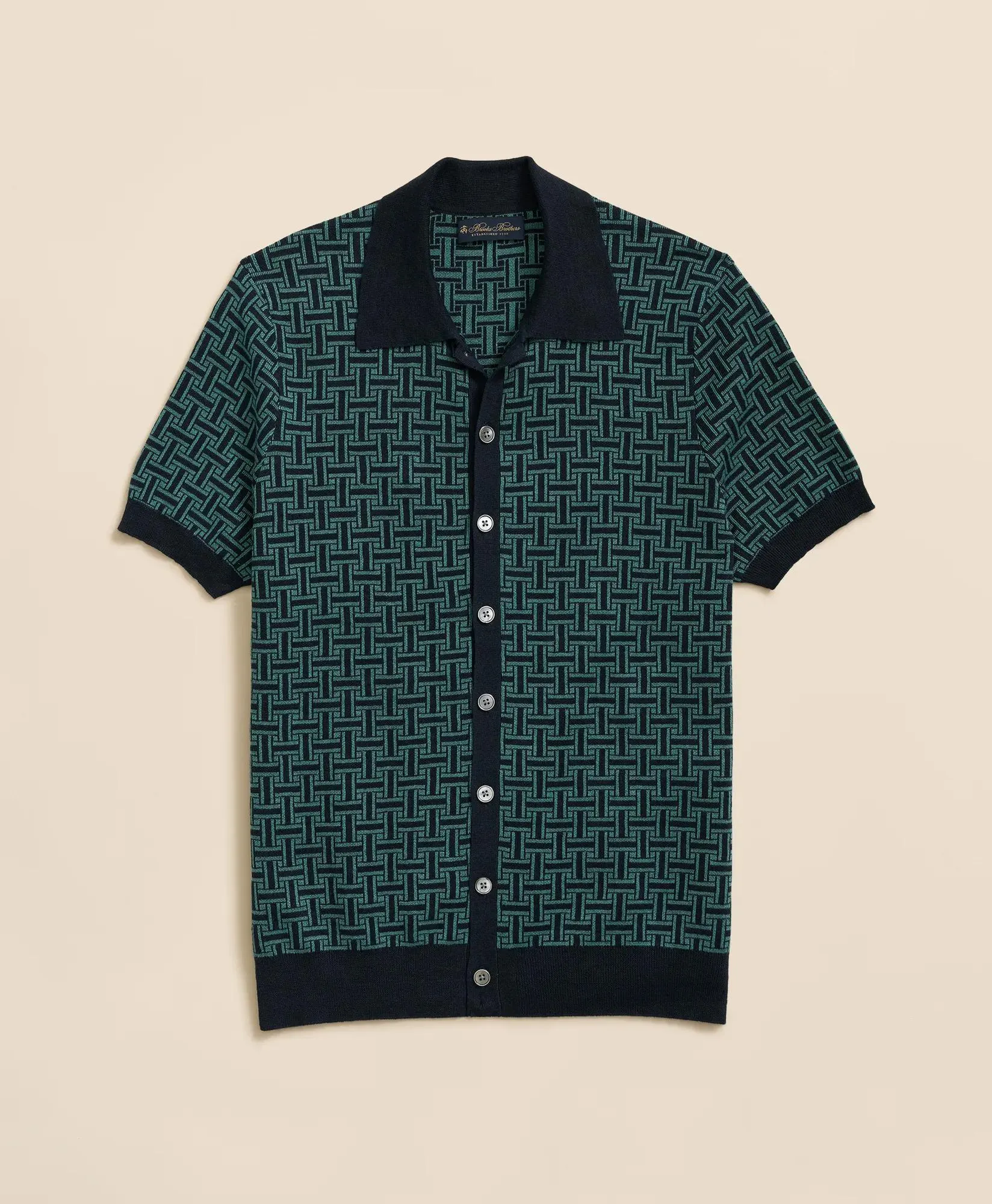 Polo Cardigan in Linen-Blend Tropical Basket Pattern