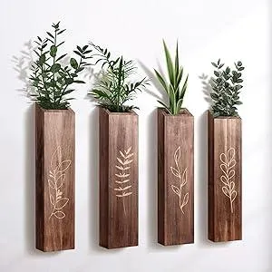 4 Pack Wood Indoor Wall Planter, Modern Boho Wall Decor for Living Room Bedroom, Farmhouse Pocket Vases for Dried Flowers and Faux Greenery Plants - Brown