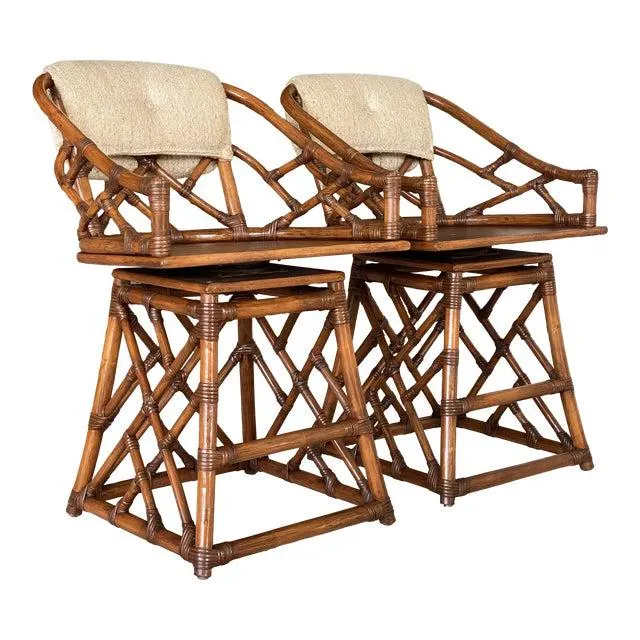 Vintage Coastal Chippendale Rattan Swivel Counter Stools-Pair