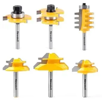 Newdeli 2Pcs Tongue and Groove Router Bit Set & Reversible Finger Joint Router Bit & 3Pcs 45 Degree Lock Miter Router bits (1/2” 5/8” 3/4” Cutting Height) 1/4 Inch Shank Joint Router Bits for Professi