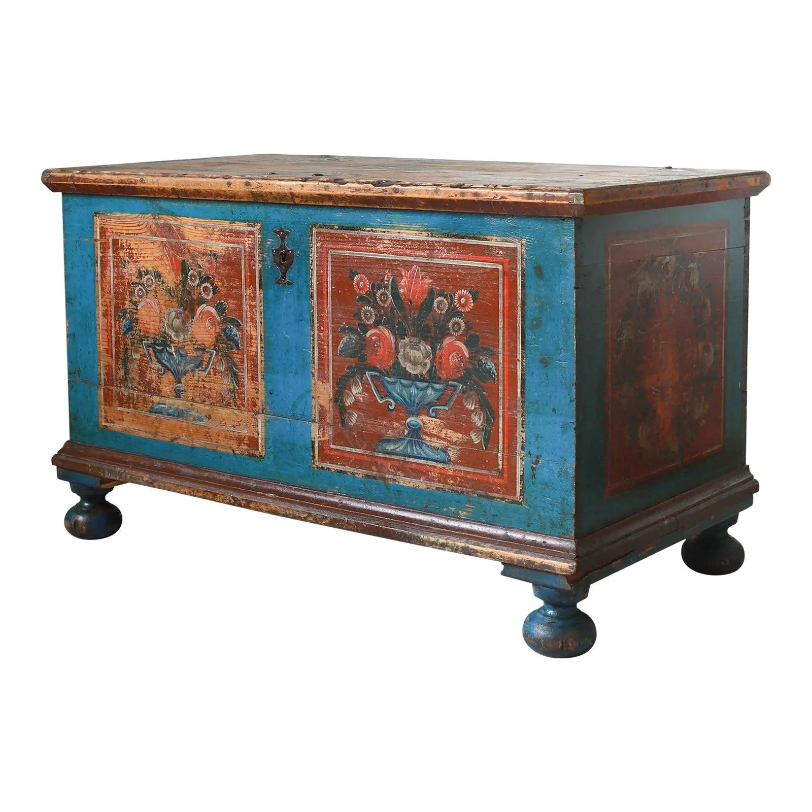 19th C Austrian Folk Painted Marriage Trunk, Pine Blanket Chest