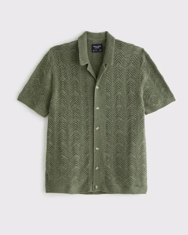 Wavy Crochet-Style Button-Through Sweater Polo