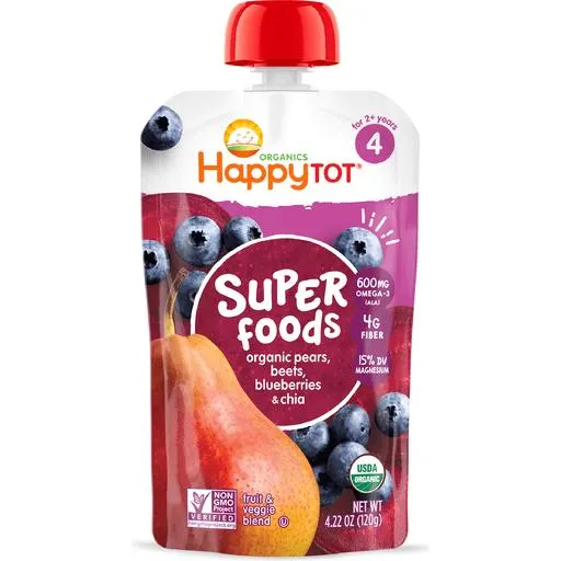 Happy Tot Organics Non-GMO Super Foods Pears Beets & Blueberries + Super Chia Stage 4 Baby Food 4.22 oz bag