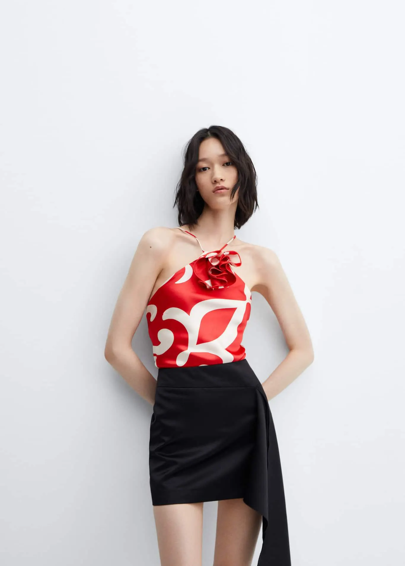 Decorative flower print satin top