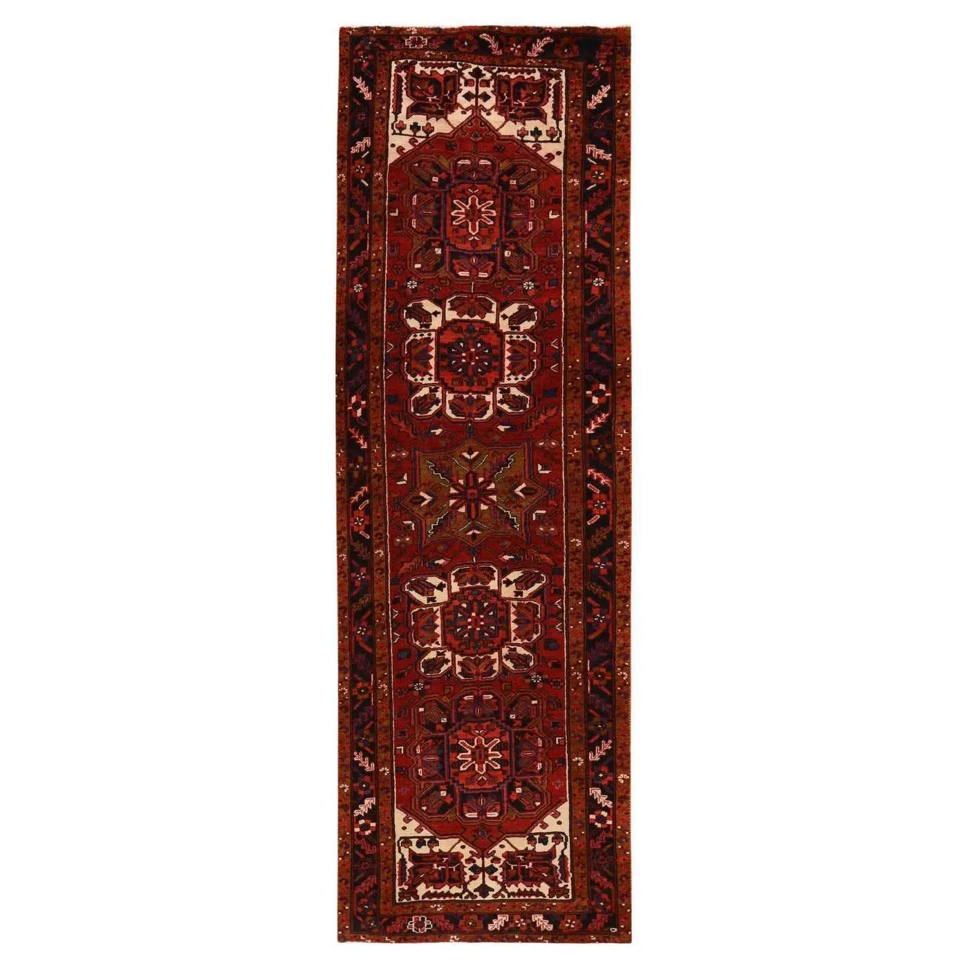 3'4"x10'9" Red Semi Antique Persian Heriz Full Pile Hand Knotted Wool Runner Rug