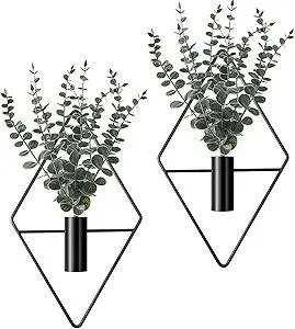 Jexine Hanging Planters with Artificial Eucalyptus Metal Hanging Vase Indoor Plants Holder Modern Geometric Boho Bathroom Wall Decor for Living Room Home Office (Black,4 Pcs)