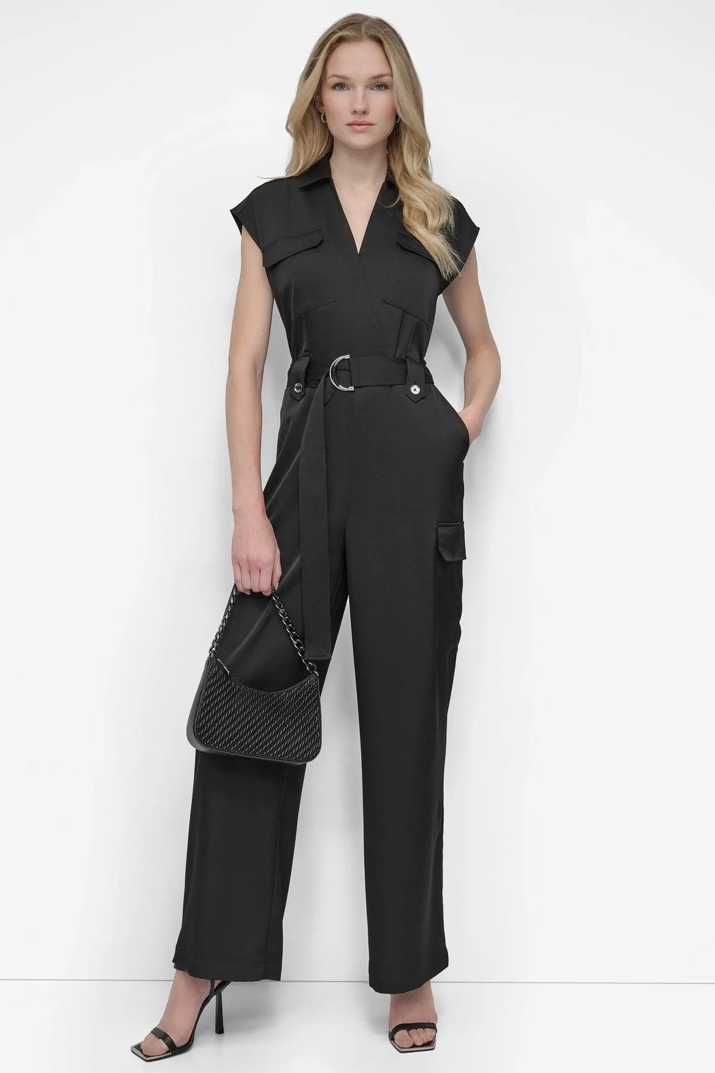 BELTED WRAP-EFFECT CARGO JUMPSUIT