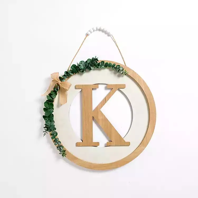 Whitewashed Monogram K Eucalyptus Wall Plaque