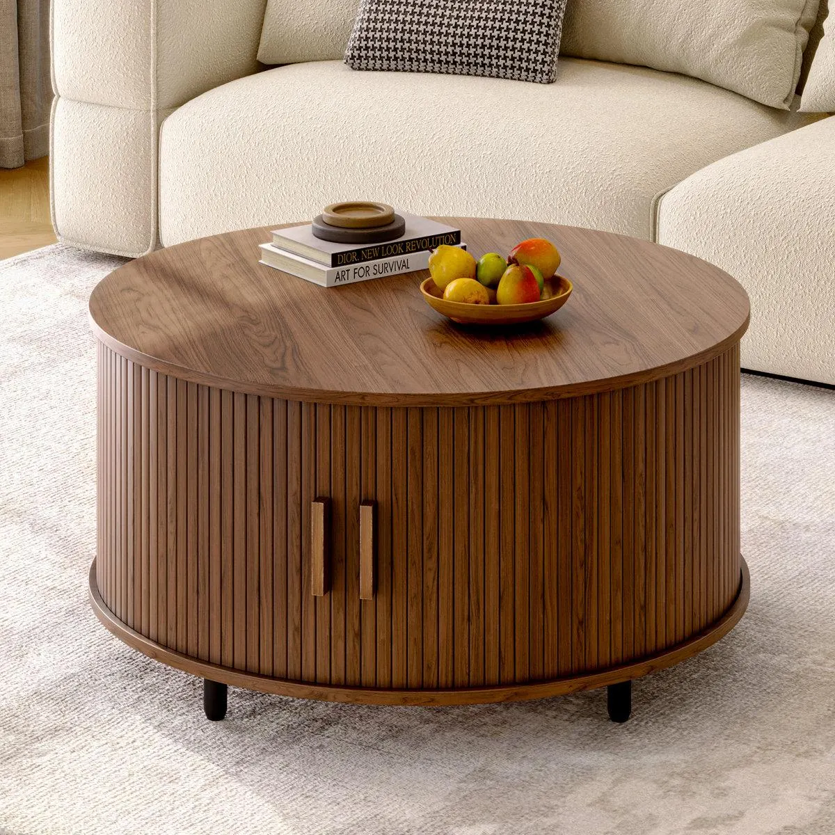 31.5" Modern Round Coffee Table With 360° Curved Sliding Door.