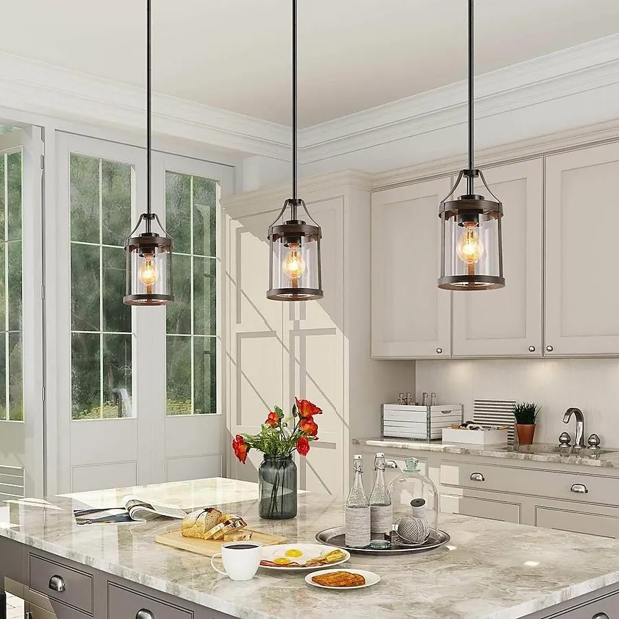 LNC Laius 1 -Light Brown wood tone and black modern Farmhouse Lantern Mini Hanging Kitchen island light