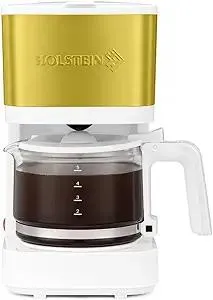 Holstein Housewares 5-Cup Coffee Maker - Pause N Serve, One-Touch Operation, Non-Stick Warming Plate, Water Level Indicator - Reusable Filter - Compact Design - White and Gold Color