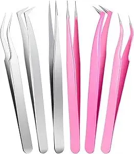 Honoson 6 Pieces Lash Eyelash Extension Tweezers Set Stainless Steel Eyelash Tweezers Straight and Curved Tip Tools Set Tweezers Nipper for Women Eyelash Extensions(Silver, Pink)