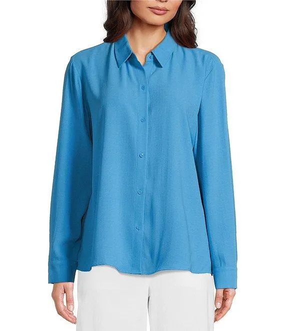 Silk Georgette Crepe Classic Collar Long Sleeve Top