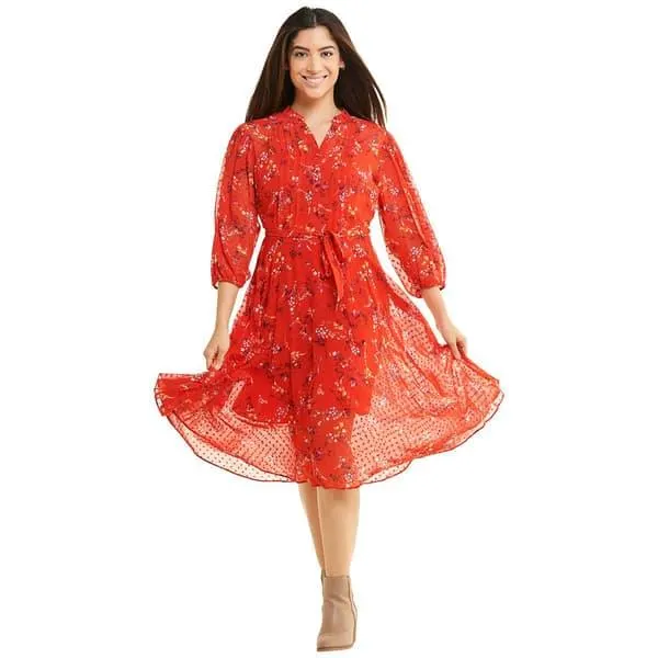 Womens Nanette Lepore 3/4 Sleeve Floral Pintuck Fit & Flare Dress