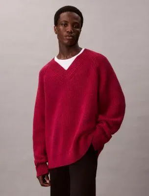 Merino Wool Blend Relaxed V-Neck Sweater