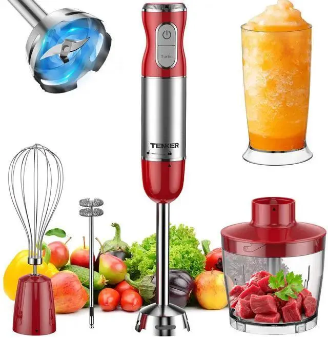TENKER HB-2016A 5-in-1 Hand Immersion Blender, 30 Speeds Handheld Blender, Copper Motor Stainless Steel Blade Stick Blender,600ml Mixing Beaker,500ml Food Processor, Whisk, Milk Frother, BPA-Free, Red