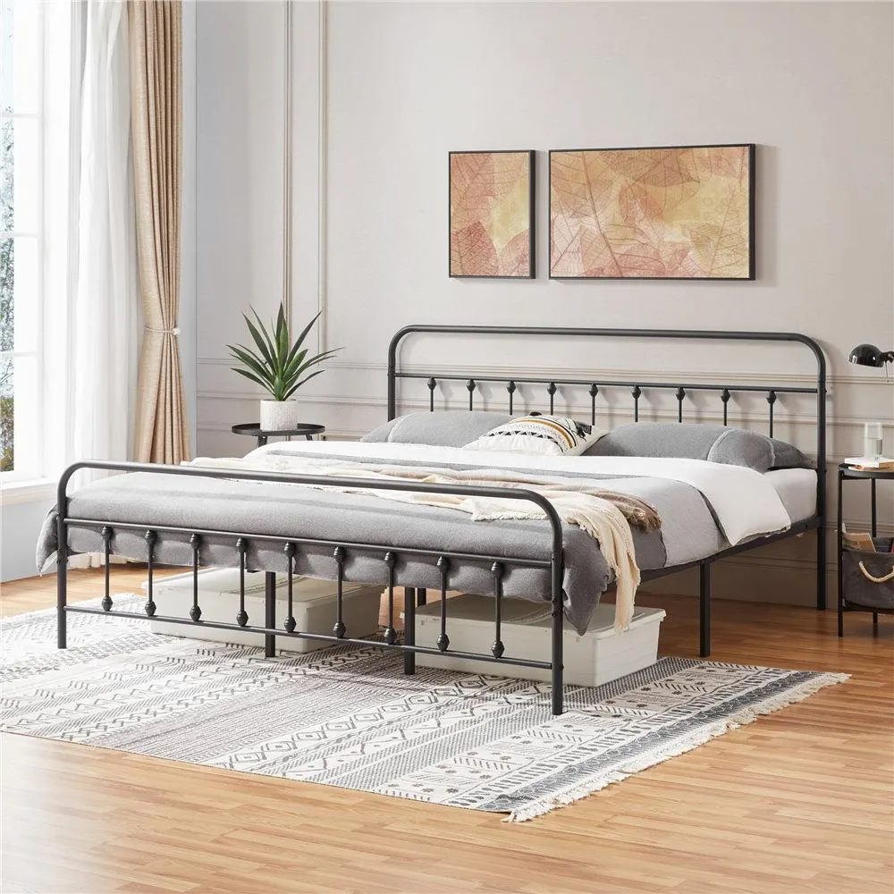 Classic Iron Platform Bed with High Headboard and Footboard