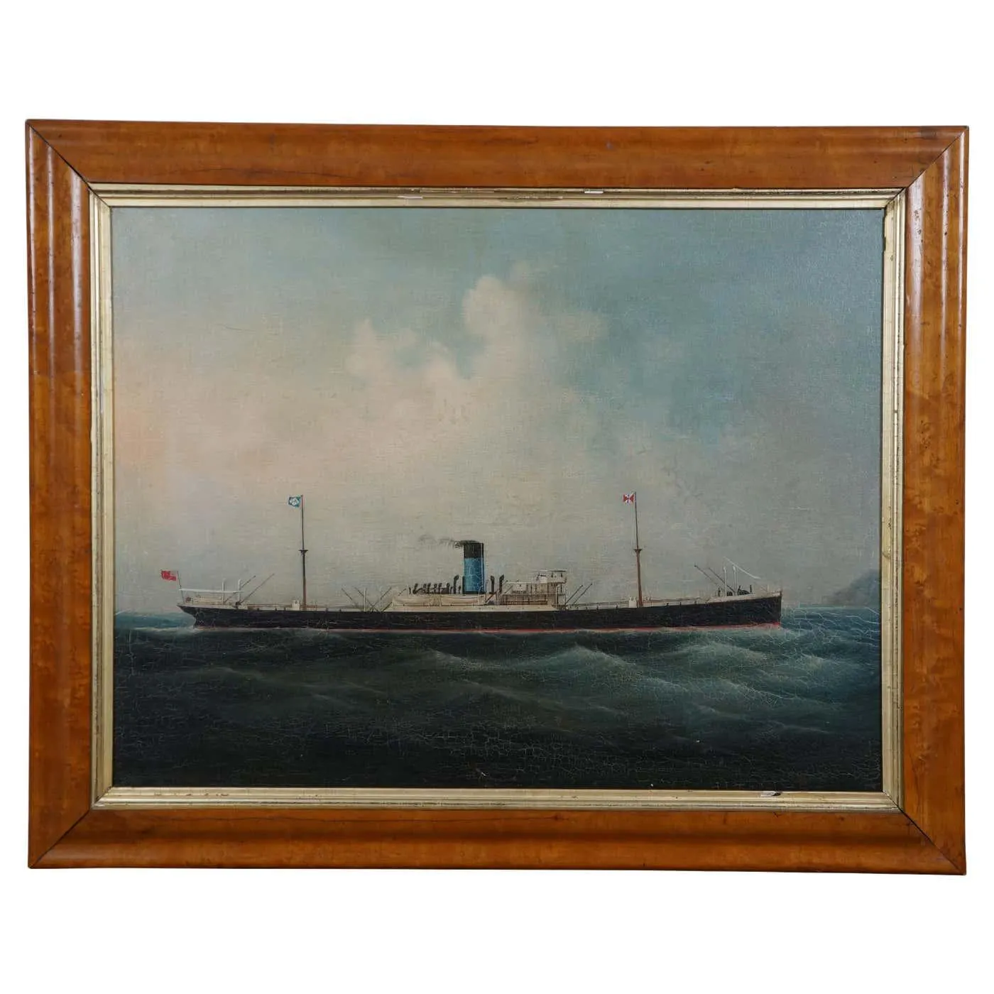 Antique Maritime British Steam Ship Seascape Oil Painting Birdseye Maple 27"