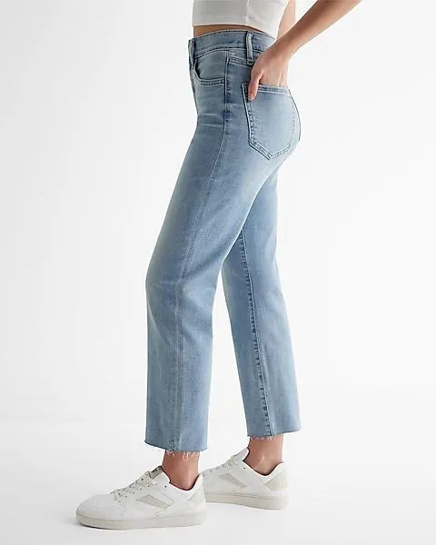 High Waisted Light Wash Raw Hem Straight Ankle Jeans