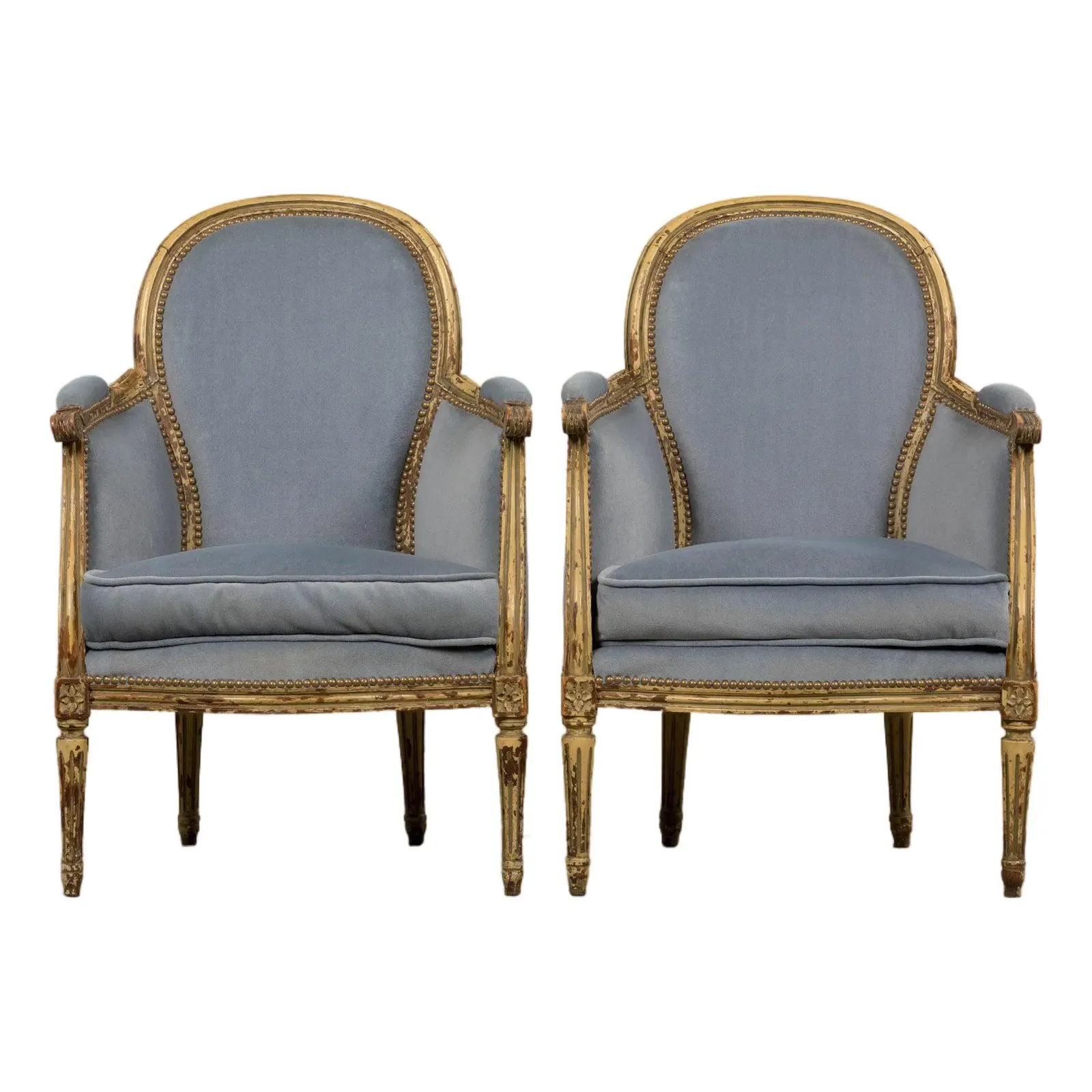 Antique French Louis XVI Style Armchairs in Blue Velvet - A Pair