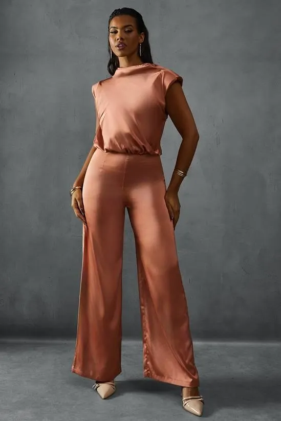 Premium Satin Sleeveless Cowl Back Jumpsuit