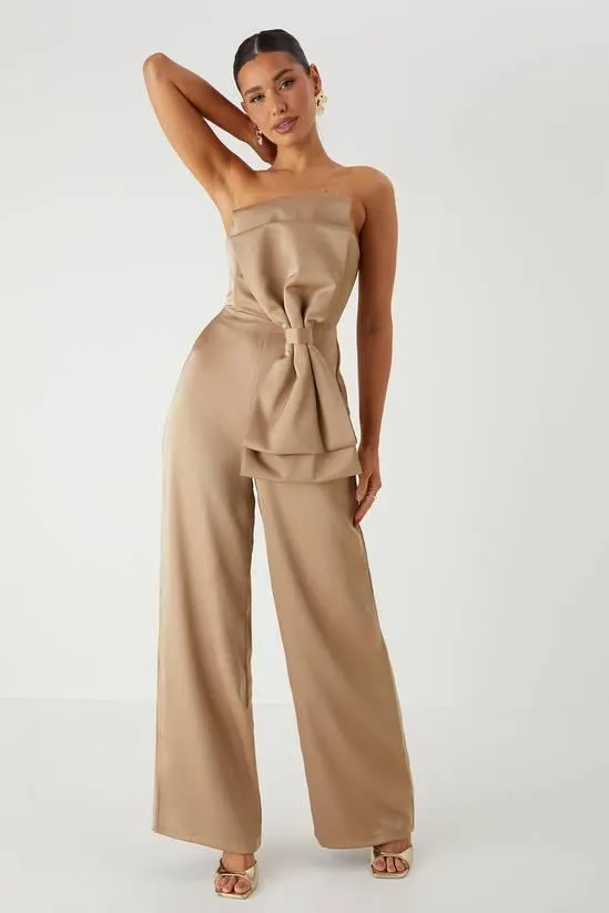 Satin Bow Wide Leg Bandeau Jumpsuit