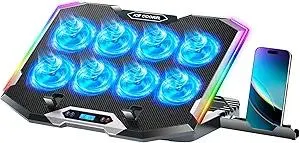 ICE COOREL Gaming Laptop Cooling Pad with 8 Cooling Fans, Laptop Fan Cooler Pad for 15-17.3 Inch, Notebook Cooler Stand with 6 Height Adjustable, RGB Cooling Pad with Two USB Port + Phone Stand