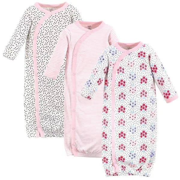 Touched by Nature Baby Girl Organic Cotton Side-Closure Snap Long-Sleeve Gowns 3pk, Floral Dot